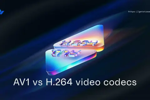 Porównanie kodeków do filmów: AV1 vs H.264. Trójwymiarowe litery AV1 i H.264 na błyszczących, kolorowych platformach.