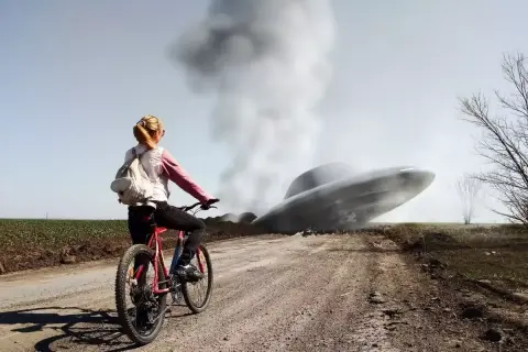 Dziewczyna na rowerze patrzy na lądujący statek kosmiczny, co pokazuje, czym jest cgi. Dym unosi się z obiektu.