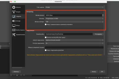 Ustawienia OBS: bitrate obrazu 4500 Kbps, enkoder Programowy (x264). Konfiguracja nagrywania ekranu.