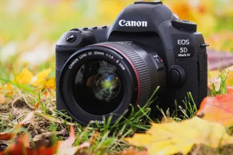 Canon EOS 5D Mark IV z obiektywem 35mm f/1.4 na tle jesiennych liści. Idealny sprzęt do uchwycenia piękna przyrody.