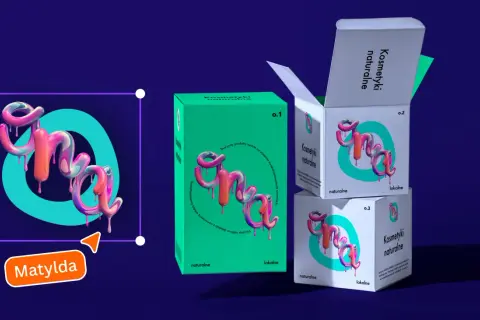 Kolorowy, błyszczący monogram "Matylda" na tle pudełek z kosmetykami naturalnymi.