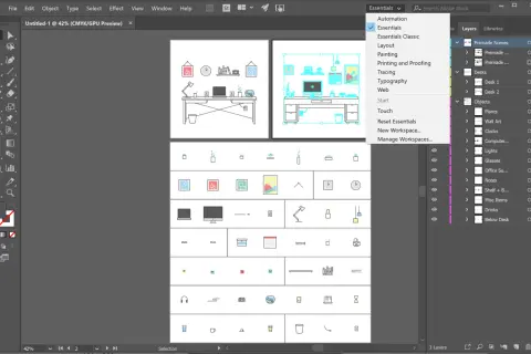 Projekt graficzny w formacie plik eps, zawierający ikony biurka, lampy, komputera i innych przedmiotów. Widoczny jest panel "Essentials" w programie Adobe Illustrator.