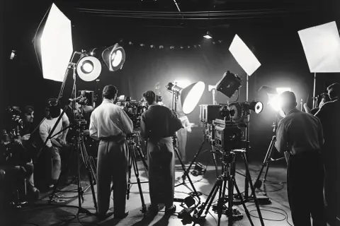 Ekipa filmowa w akcji, przygotowująca scenę. To właśnie tak wygląda kinematografia co to za sztuka tworzenia obrazów.