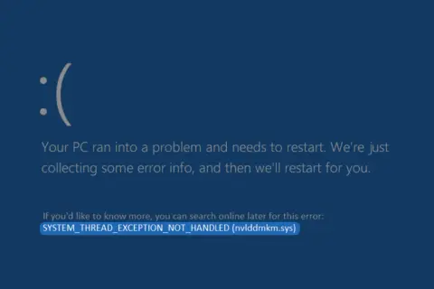 Niebieski ekran śmierci Windows z komunikatem o błędzie SYSTEM_THREAD_EXCEPTION_NOT_HANDLED (nvlddmkm.sys), wskazującym na problem z wideo tdr failure.