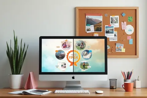 Cyfrowa vision board na ekranie komputera, pełna inspirujących zdjęć i celów. Obok tablica korkowa z przypiętymi fotografiami i notatkami.