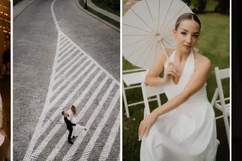 Kompozycja otwarta: para całuje się przy wieży kieliszków, tańczy na ulicy, siedzi z parasolką i przytula się w cieniu.