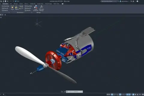 Silnik lotniczy z łopatami śmigła, szczegółowo odwzorowany w programie AutoCAD. Możesz stworzyć podobne projekty, szukając "autocad za darmo".