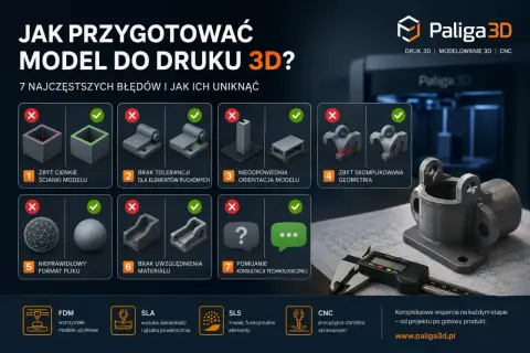 Poradnik "Jak przygotować model do druku 3D?" z Paliga3D. Ilustracje pokazują błędy i poprawne rozwiązania w modelowaniu 3D.