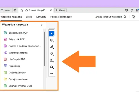 Panel narzędzi w programie Adobe Reader pokazuje opcje edycji, eksportu i organizacji plików PDF.