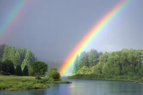 Piękna tęcza kolory nad jeziorem i lasem.