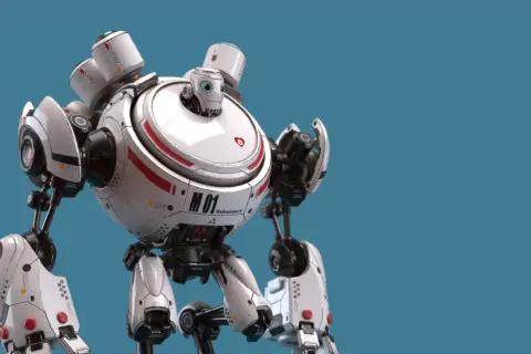 Biały robot z czerwonymi akcentami, stworzony w Substance Designer, z okrągłym korpusem i uroczą głową.