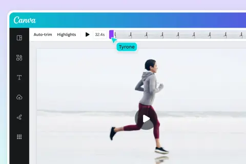 Edytor wideo Canva z funkcją video trimmer. Kobieta biegnie po plaży, a na górze widać pasek postępu z zaznaczonym fragmentem.