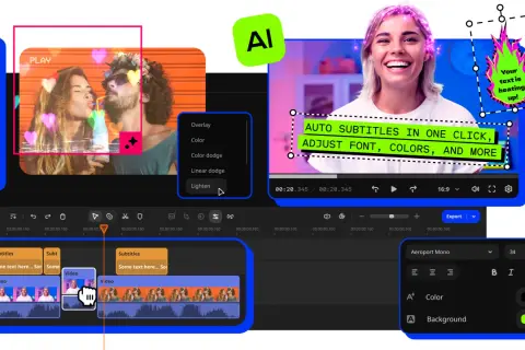Program do robienia filmów ze zdjęć z funkcją AI. Automatyczne napisy, edycja tekstu i efektów.