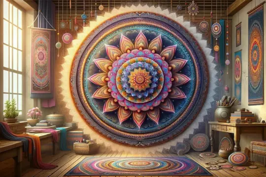 Wnętrze z wielobarwną mandalą na ścianie. Wokół wiszą ozdobne tkaniny i amulety. Mandala co to? To symbol harmonii i równowagi.