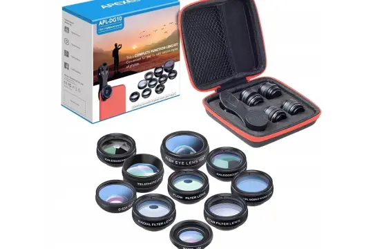 Zestaw obiektywów do telefonu APEXEL, w tym teleobiektyw, makro i fisheye. Jakość porównywalna z obiektywami Zeiss.