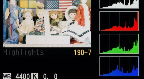 Lalki i amerykańska flaga na tle kolorowych próbek. Obok cztery wykresy: biały, czerwony, zielony i niebieski, pokazujące rozkład jasności. To jest **histogram**.