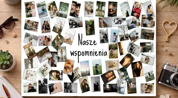 Kolaż zdjęć z napisem "Nasze wspomnienia". Wiele par, rodzin, dzieci, ślubów. Widać też elementy dekoracyjne, jak serce z drewna.