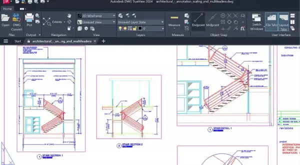 Widok schodów w programie DWG TrueView po polsku. Detale architektoniczne schodów i ich sekcje.