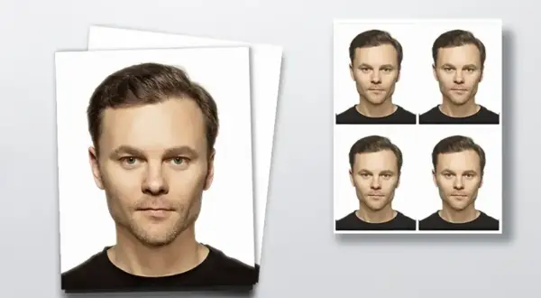 Zdjęcie do dowodu: sprawdź, ile kosztuje zestaw czterech identycznych fotografii mężczyzny w czarnej koszulce.