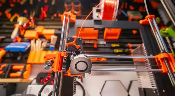 Drukarka 3D z pomarańczowymi elementami i szpulą filamentu. Optymalna temperatura dla PETG jest kluczowa dla udanych wydruków.
