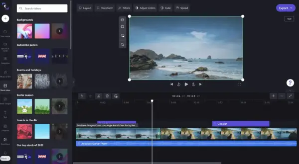 Program do montowania filmów z podglądem klipu z wybrzeżem i ścieżką dźwiękową.