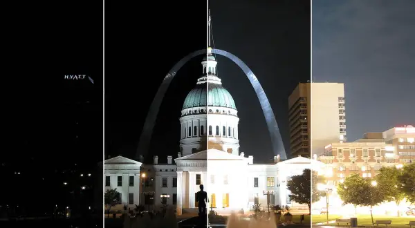 Czworokrotne bracketing ekspozycji nocnej sceny z łukiem Gateway Arch i budynkami.