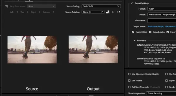 Porównanie źródła i wyjścia w Adobe Media Encoder. Widok porównawczy z rolkarzem na rolkach.