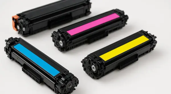 Cztery kolorowe tonery: czarny, cyjan, magenta i żółty. To właśnie co to toner, niezbędny do drukowania.