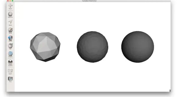 Trzy modele 3D: wielościan, gładka kula i lekko chropowata kula. Program Autodesk Meshmixer pozwala na import i edycję plików stl.