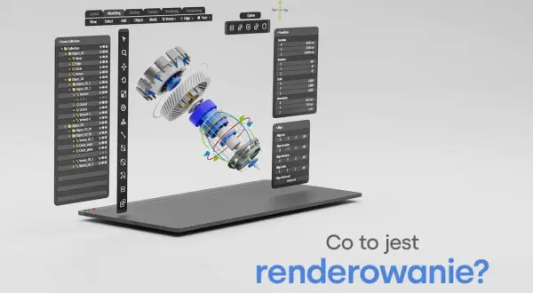 Grafika 3D przedstawia mechanizm, panel z jego parametrami i pytanie "Co to jest renderowanie?".