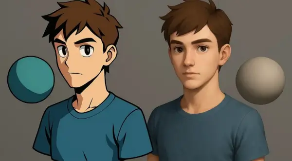 Porównanie dwóch stylów: anime z **cell shading** i realistyczny portret młodego mężczyzny.