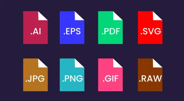 Ikony plików graficznych: .AI, .EPS, .PDF, .SVG, .JPG, .PNG, .GIF, .RAW.