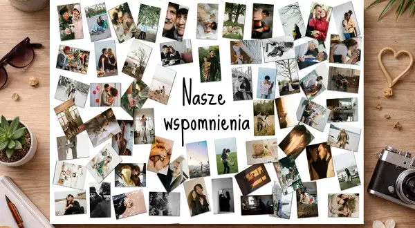 Kolarz zdjec z napisem "Nasze wspomnienia". Kolaż zawiera wiele zdjęć par, rodzin i przyjaciół w różnych sytuacjach.