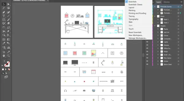 Projekt graficzny w formacie plik eps, zawierający ikony biurka, lampy, komputera i innych przedmiotów. Widoczny jest panel "Essentials" w programie Adobe Illustrator.