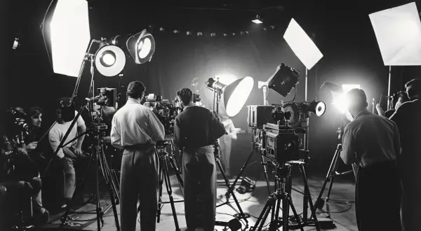 Ekipa filmowa w akcji, przygotowująca scenę. To właśnie tak wygląda kinematografia co to za sztuka tworzenia obrazów.