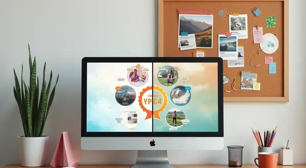 Cyfrowa vision board na ekranie komputera, pełna inspirujących zdjęć i celów. Obok tablica korkowa z przypiętymi fotografiami i notatkami.