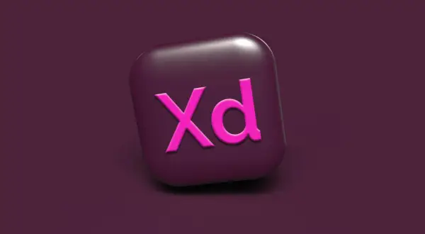 Ikona Adobe XD w kolorze fuksji na ciemnofioletowym tle. Narzędzie do projektowania interfejsów.