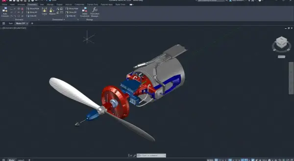 Silnik lotniczy z łopatami śmigła, szczegółowo odwzorowany w programie AutoCAD. Możesz stworzyć podobne projekty, szukając "autocad za darmo".
