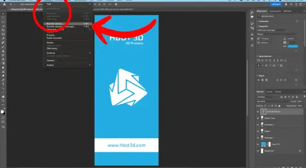 Menu "Obraz" w programie Photoshop, z zaznaczoną opcją "Rozmiar obrazu". W tle widoczny projekt graficzny z logo i adresem strony, jakby przygotowany przez **acrobatę** do druku.