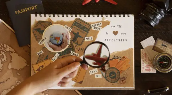 Co to jest scrapbooking? Album z podróżniczymi wspomnieniami: paszport, mapy, znaczki z miastami, globus i samolot.