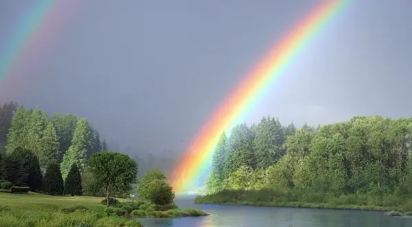 Piękna tęcza kolory nad jeziorem i lasem.