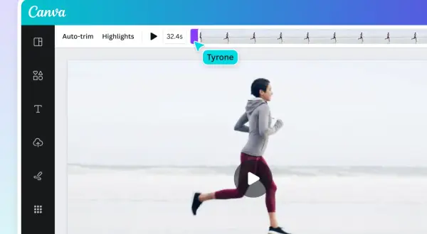 Edytor wideo Canva z funkcją video trimmer. Kobieta biegnie po plaży, a na górze widać pasek postępu z zaznaczonym fragmentem.
