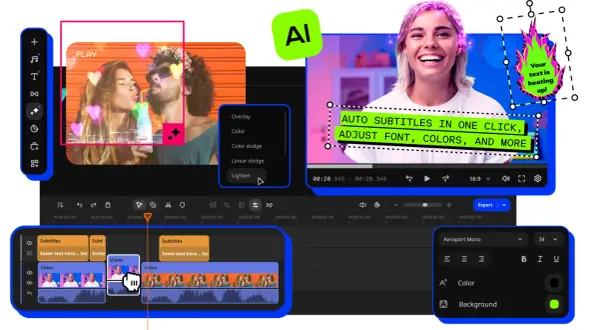 Program do robienia filmów ze zdjęć z funkcją AI. Automatyczne napisy, edycja tekstu i efektów.