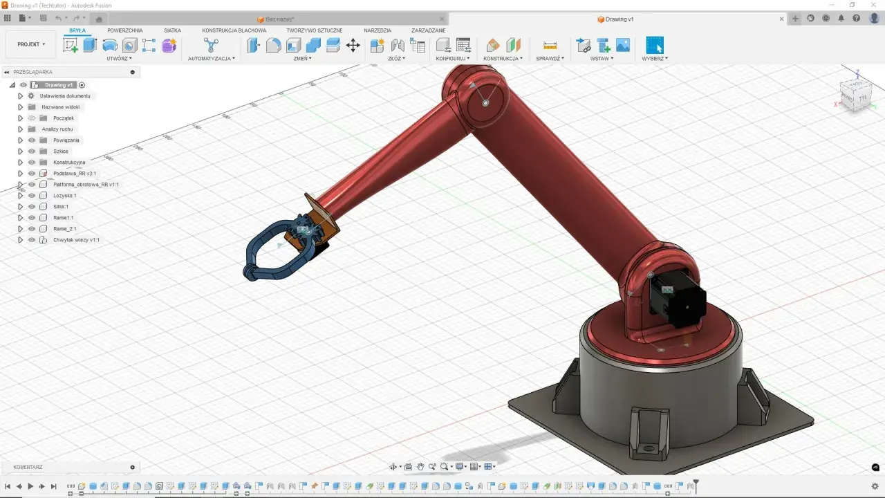 Model ramienia robota w programie CAD. Widoczny jest czerwony manipulator z chwytakiem, osadzony na obrotowej podstawie.