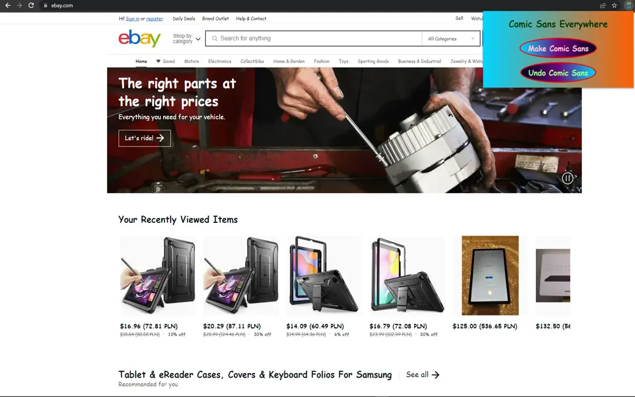 Strona eBay z ofertami, w tym etui na tablet. W rogu okno z napisem "Comic Sans Everywhere" i przyciskami "Make Comic Sans" i "Undo Comic Sans".