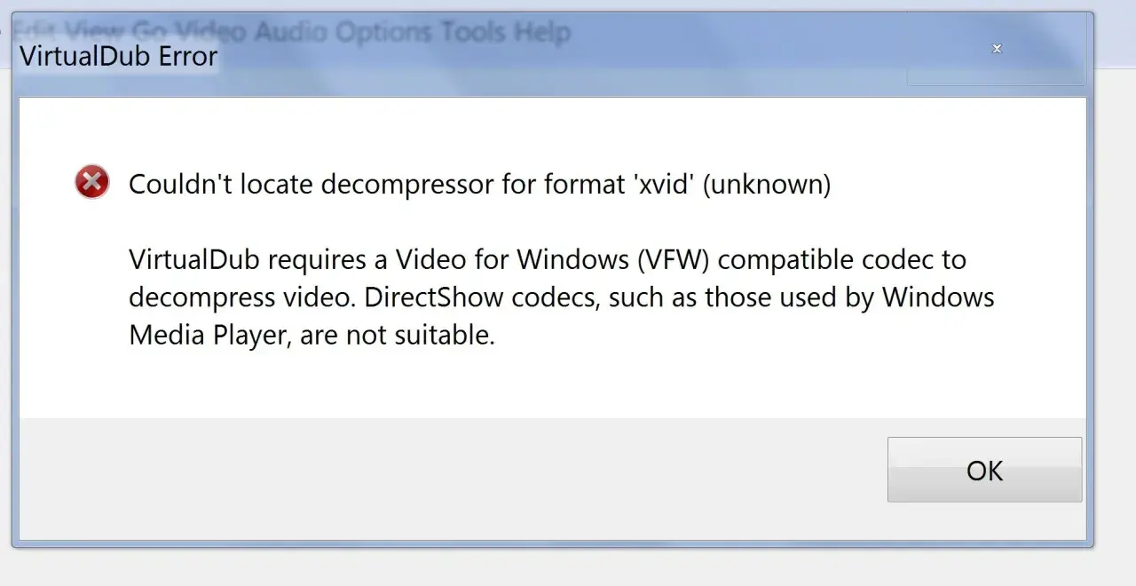 Błąd VirtualDub: nie znaleziono kodeka xvid. Program potrzebuje kodeka VFW, nie DirectShow.