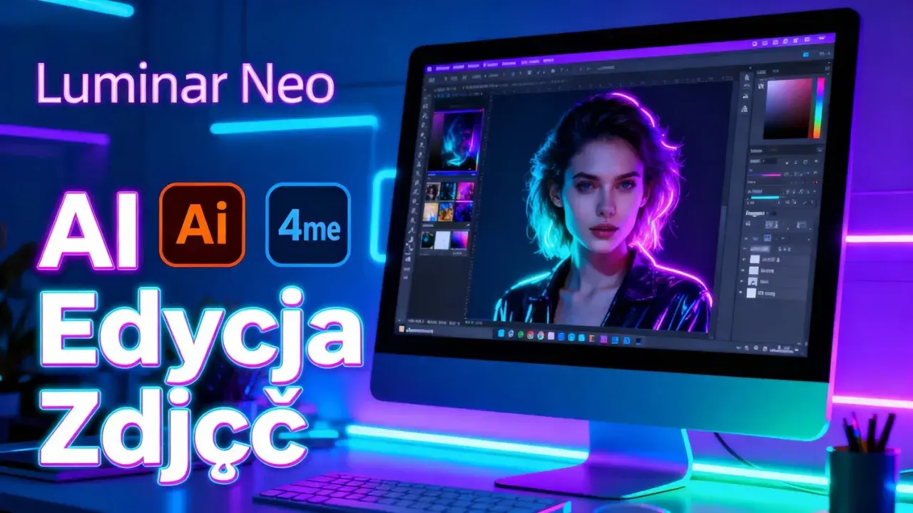Luminar Neo z AI do edycji zdjęć. Komputer wyświetla portret kobiety z neonowym konturem.