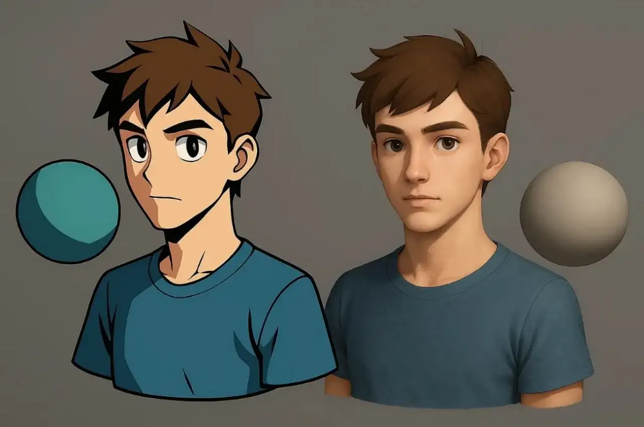 Porównanie dwóch stylów: anime z **cell shading** i realistyczny portret młodego mężczyzny.