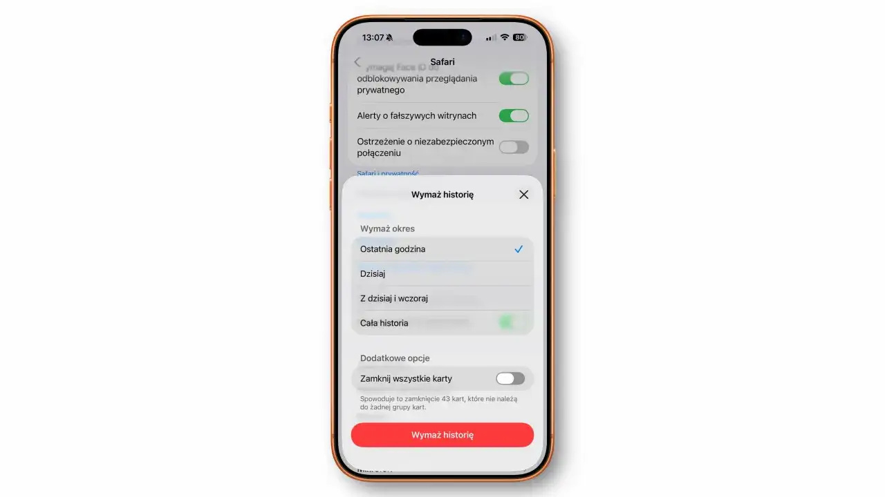 iPhone z iOS, ekran Safari z opcją wymazania historii przeglądania. Można wybrać okres: ostatnia godzina, dzisiaj, dziś i wczoraj lub cała historia.