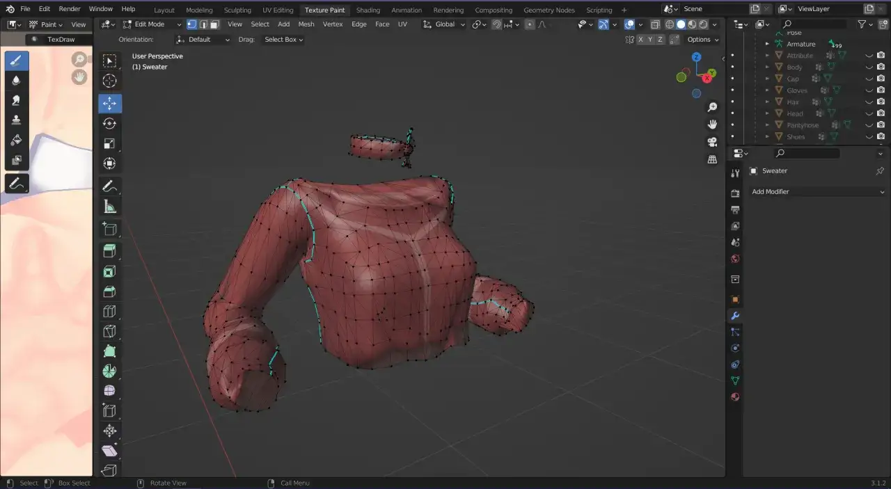 Model 3D swetra w programie Blender. Widoczny jest szkielet postaci, do którego dopasowywany jest fbx.
